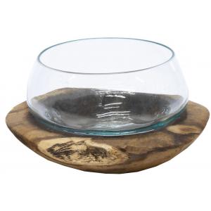 Decowood Glass Round Bowl 30x17 cm ronde glazen schaal op hout L decoratie